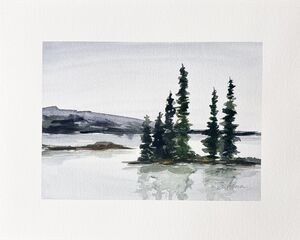 8x10 PNW Original Watercolor Pine Trees on Island in Lake Moody Sky Art Signed